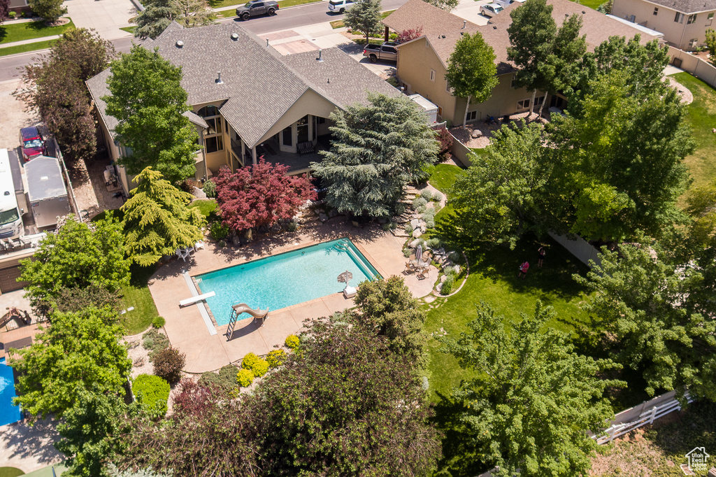 View from above of property with a pool