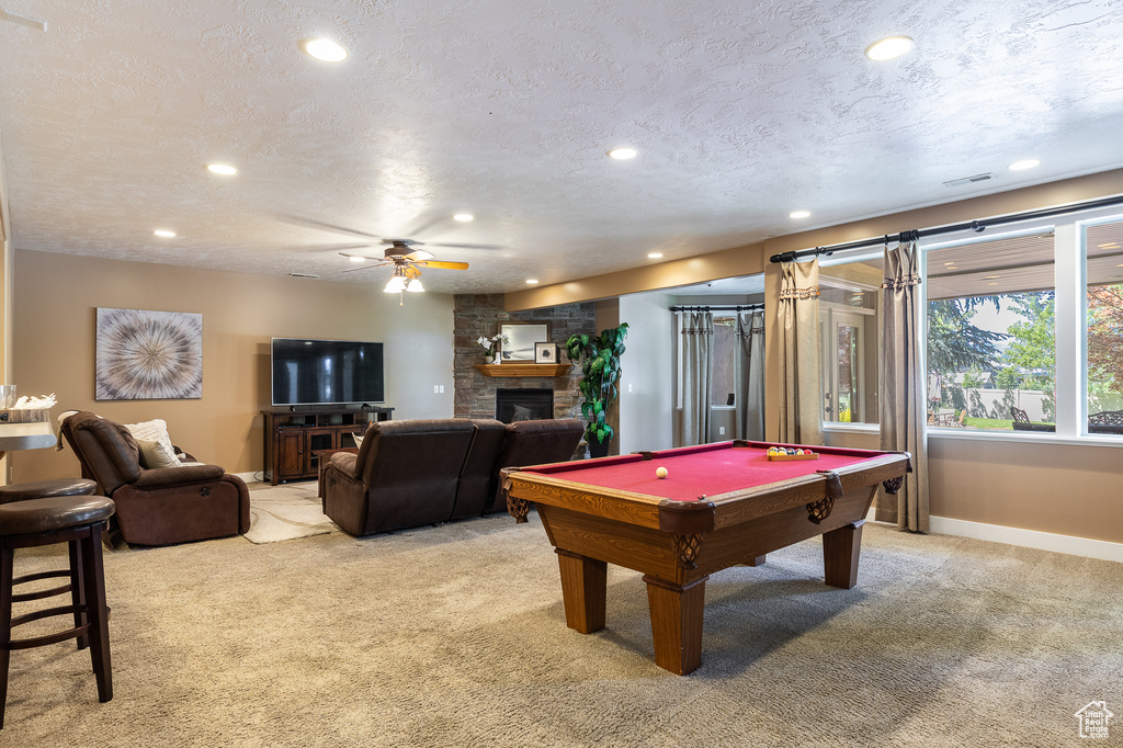 Game room with light colored carpet, recessed lighting, ceiling fan, baseboards, and billiards