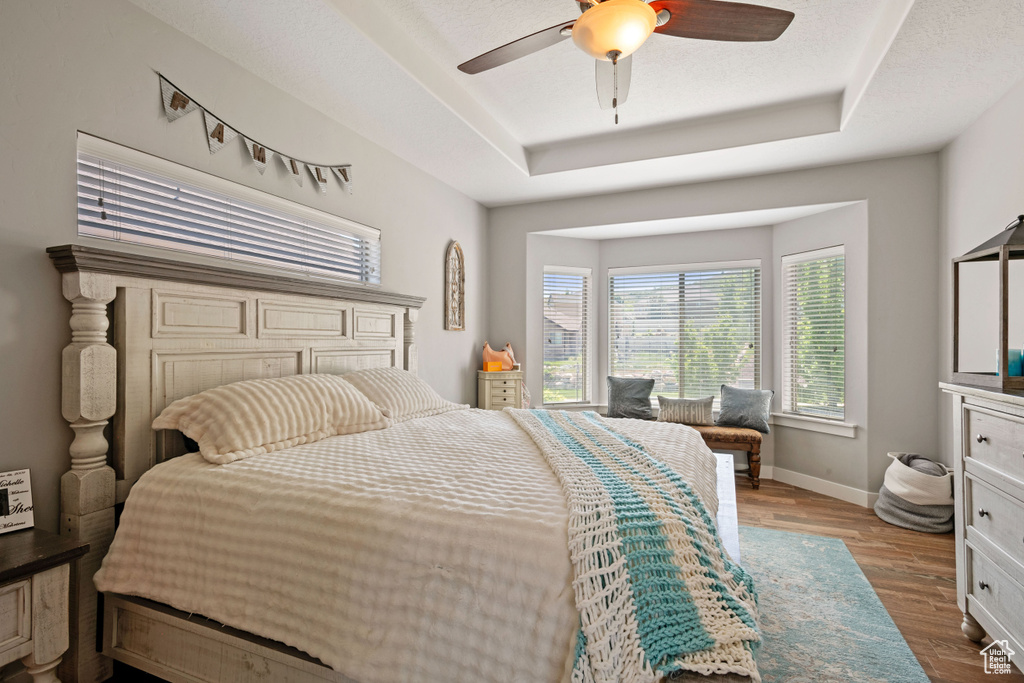 Bedroom featuring multiple windows, a tray ceiling, baseboards, and wood finished floors