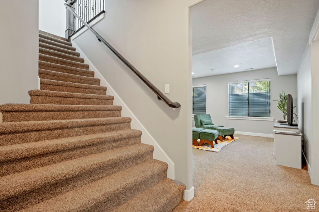 Stairs featuring carpet floors and baseboards