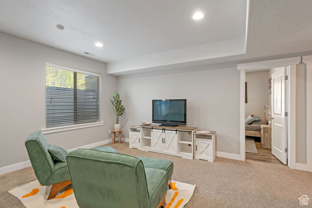 Carpeted living area with baseboards and recessed lighting
