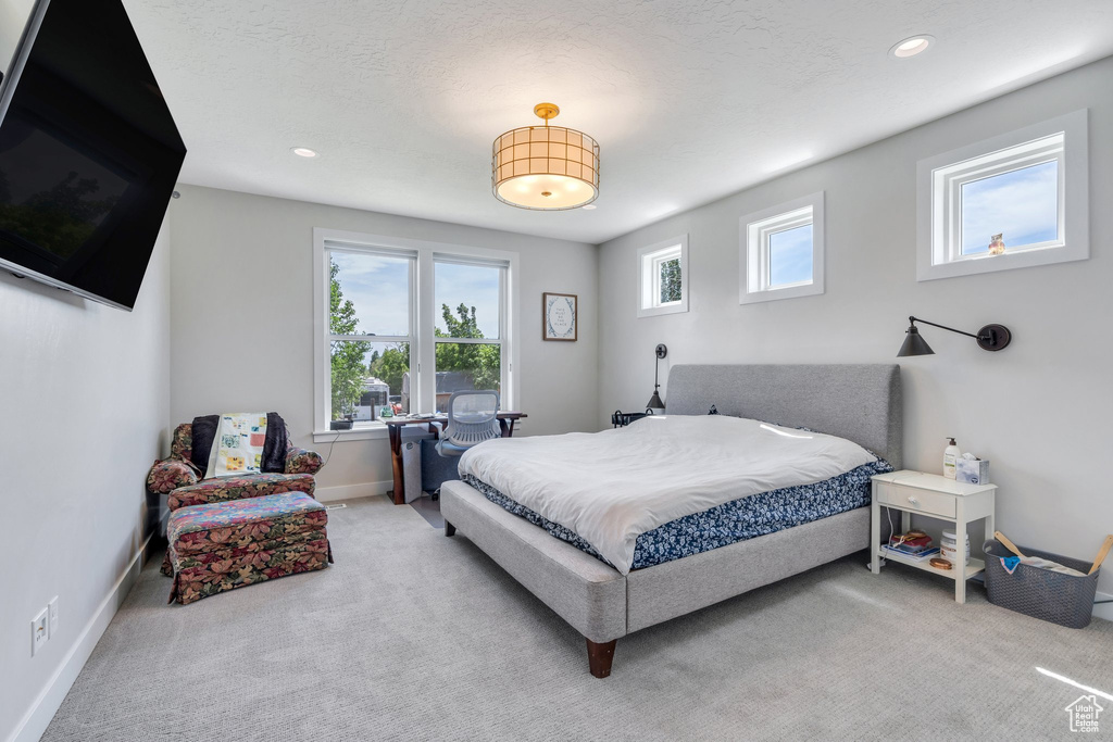 Carpeted bedroom featuring baseboards and recessed lighting
