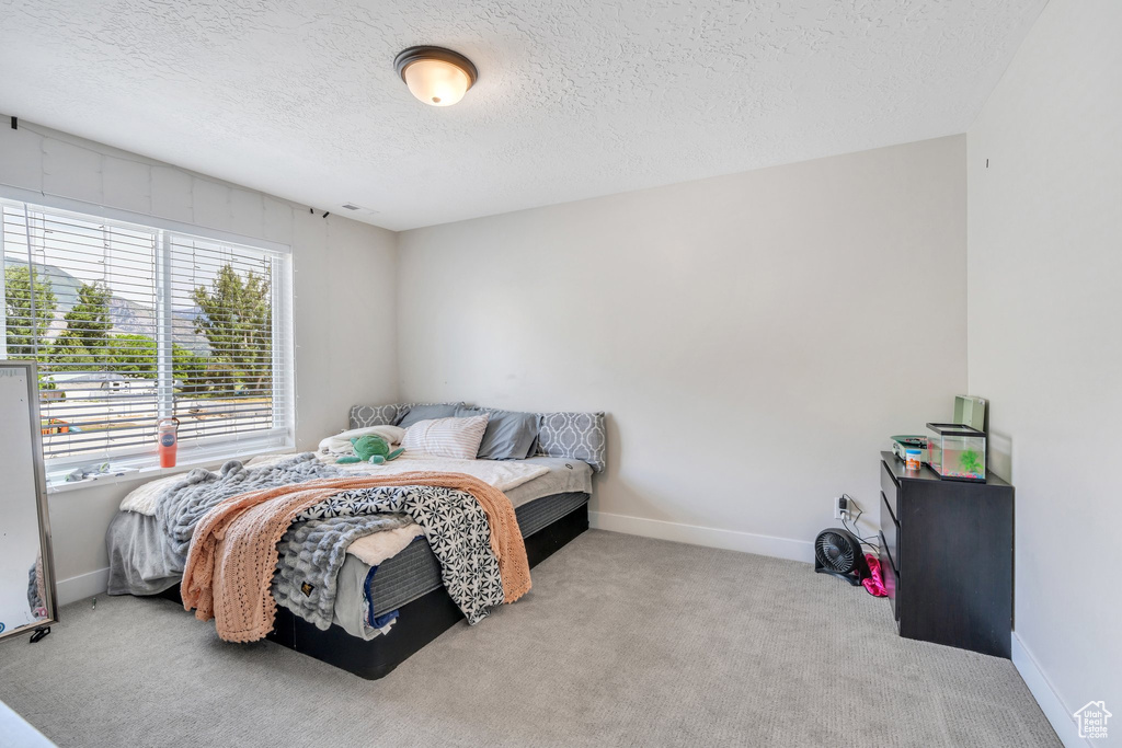 Bedroom with a textured ceiling, carpet floors, and baseboards