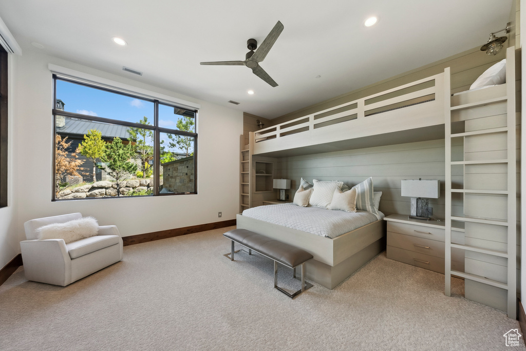 Bedroom featuring carpet flooring, baseboards, recessed lighting, and a ceiling fan