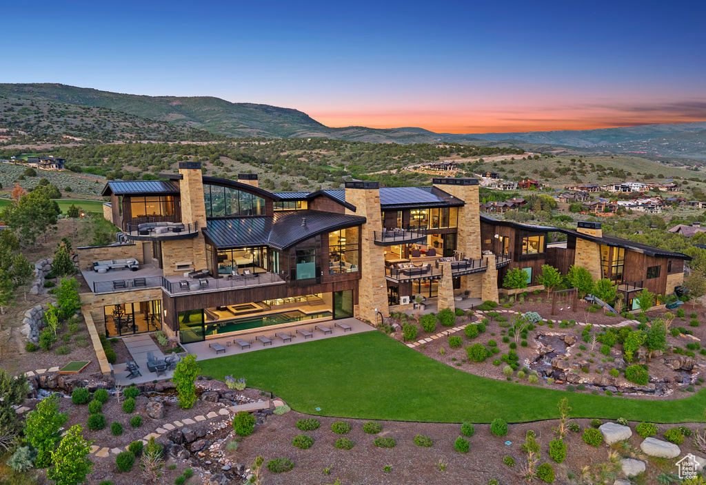 Aerial view at dusk of a mountain view