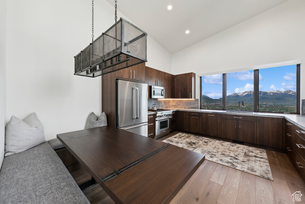 Kitchen featuring high end appliances, high vaulted ceiling, dark brown cabinetry, light wood-style floors, and a sink