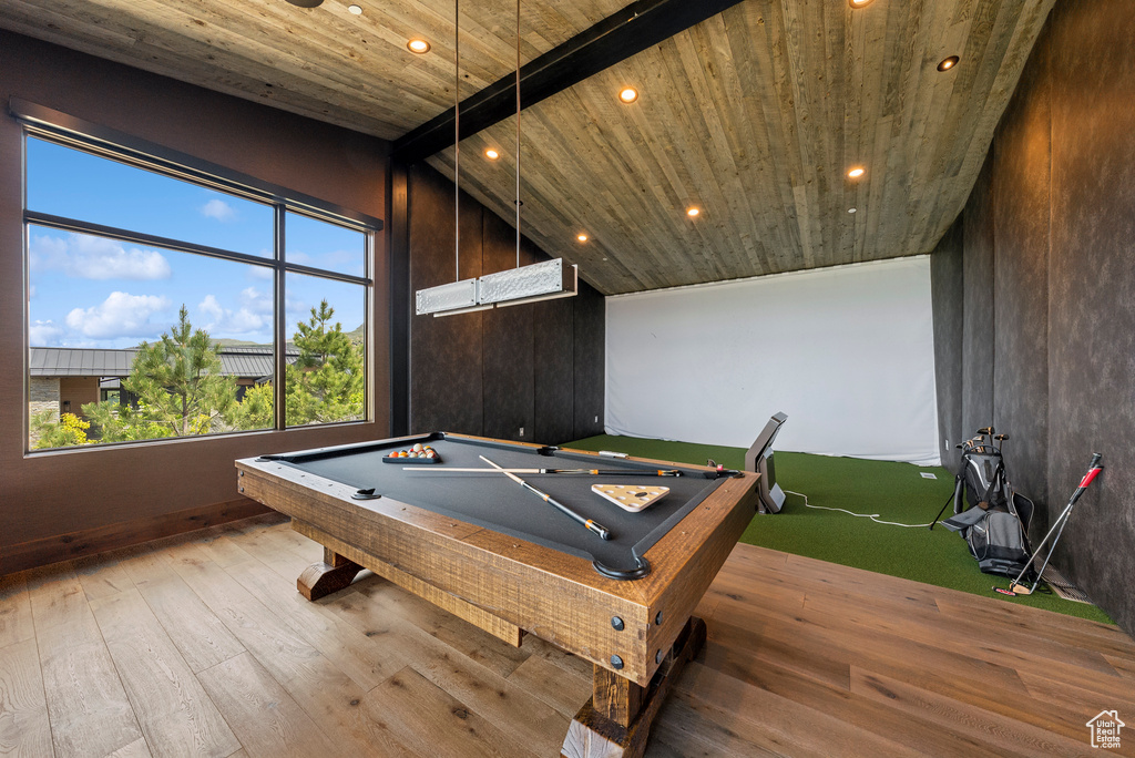 Playroom featuring wood ceiling, recessed lighting, hardwood / wood-style floors, and pool table
