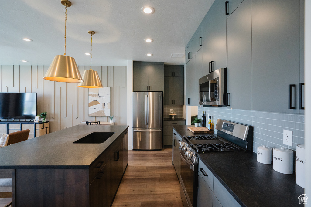 Kitchen with stainless steel appliances, dark countertops, dark wood-type flooring, and recessed lighting