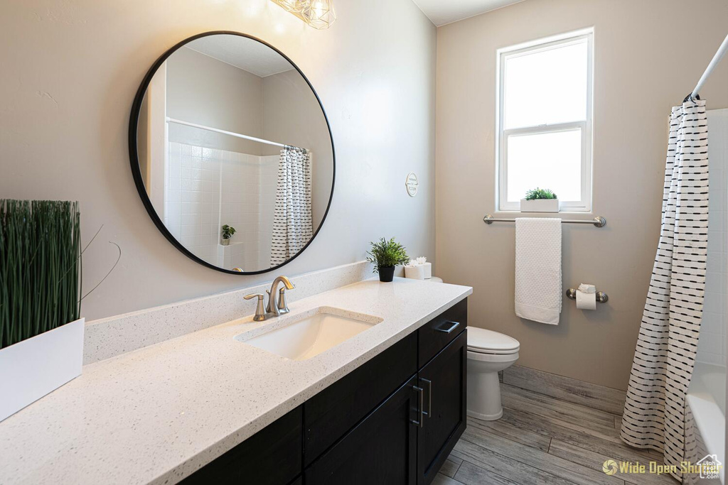 Full bathroom featuring vanity, toilet, and wood finished floors