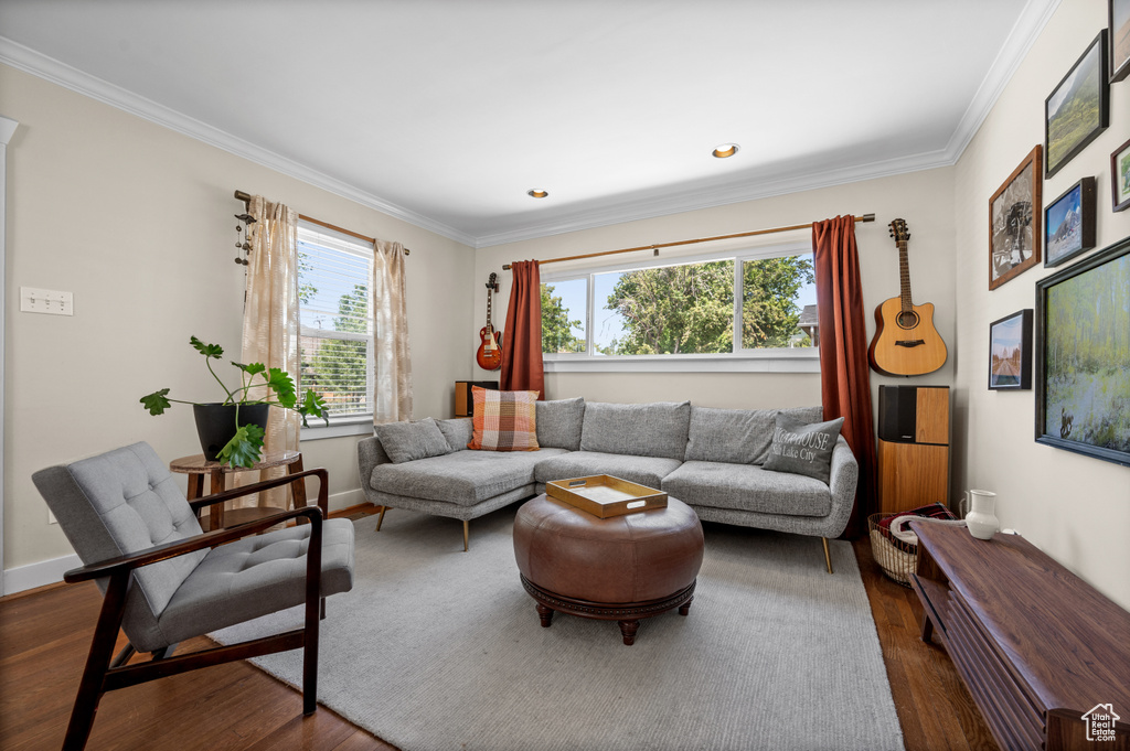 Living area featuring wood finished floors, ornamental molding, baseboards, and recessed lighting