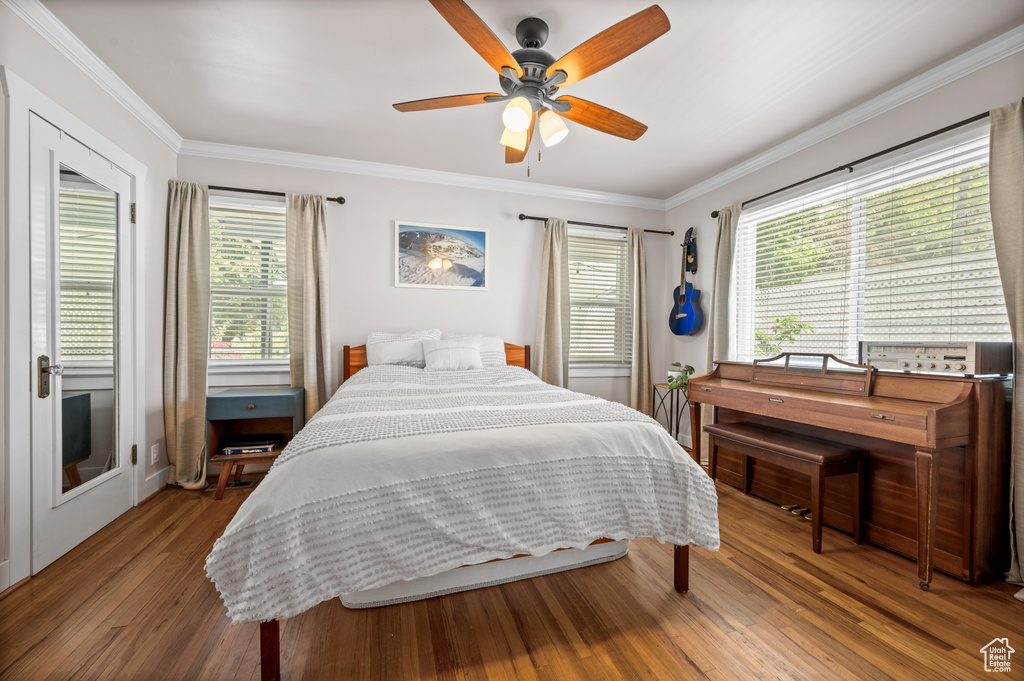 Bedroom featuring wood finished floors, ornamental molding, and a ceiling fan