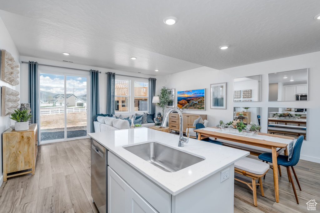 Kitchen with a sink, open floor plan, appliances with stainless steel finishes, light wood finished floors, and recessed lighting