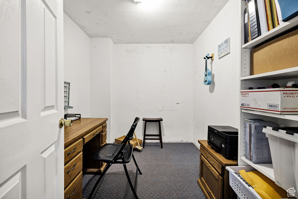 Home office featuring dark colored carpet