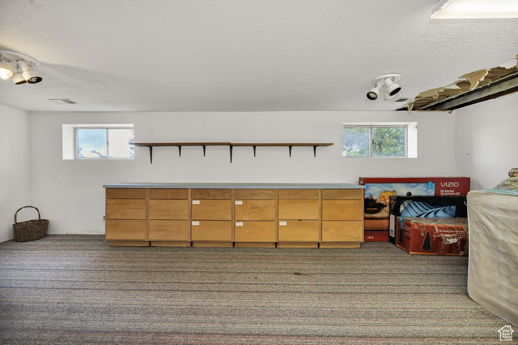 Below grade area featuring carpet, healthy amount of natural light, and a textured ceiling