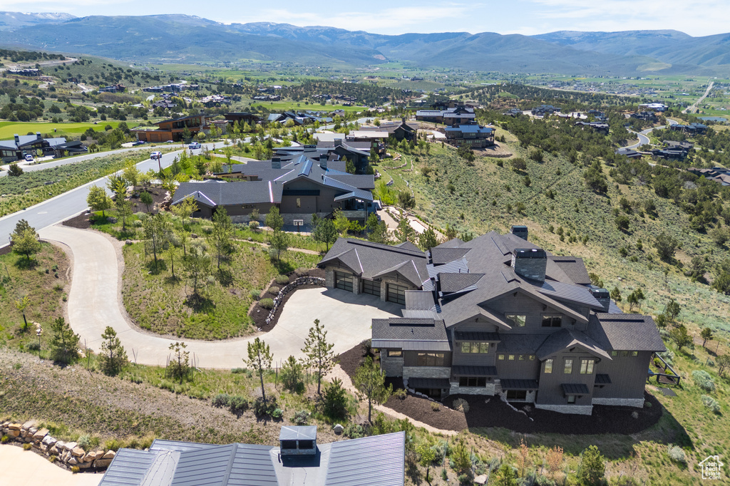 Aerial perspective of suburban area with mountains