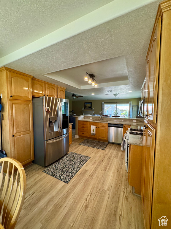 Kitchen featuring stainless steel appliances, a raised ceiling, light wood-style floors, a textured ceiling, and light countertops