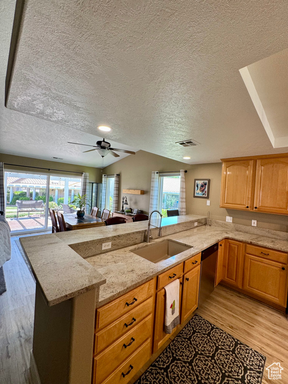 Kitchen with a sink, stainless steel dishwasher, a textured ceiling, light wood-type flooring, and a peninsula