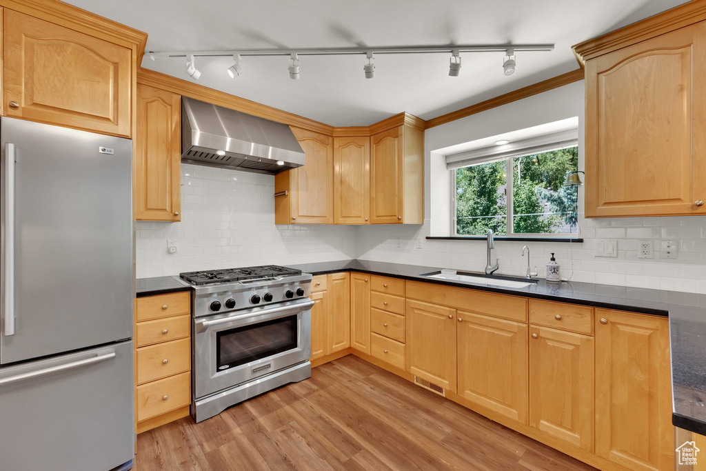 Kitchen featuring appliances with stainless steel finishes, wall chimney exhaust hood, dark countertops, a sink, and rail lighting