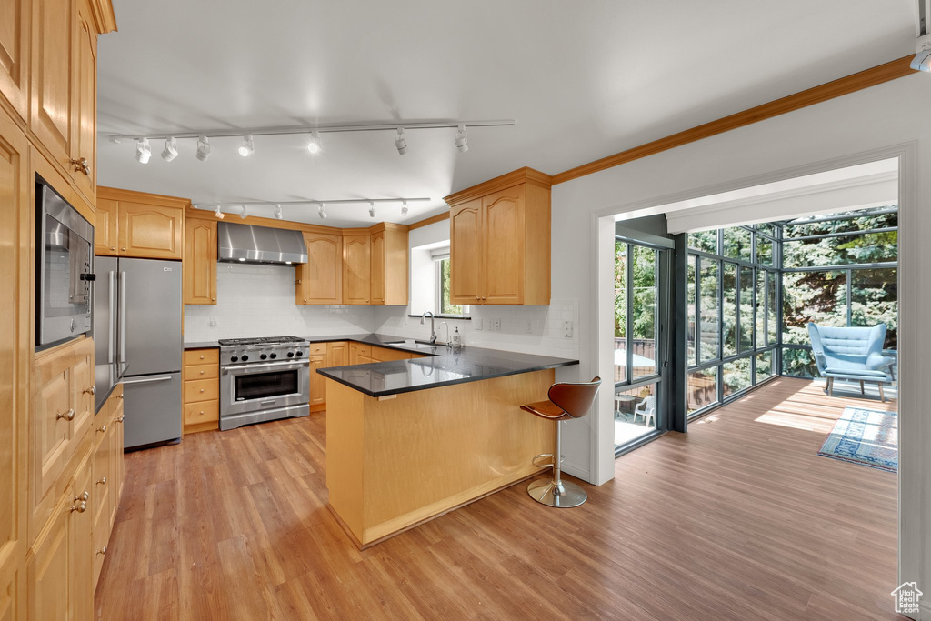 Kitchen featuring premium appliances, wall chimney range hood, a peninsula, track lighting, and light wood finished floors