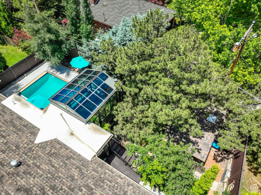 Drone / aerial view of a pool area