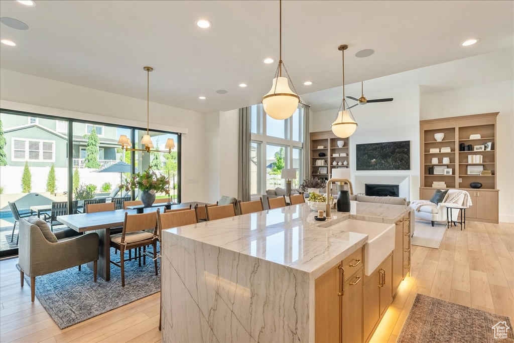 Kitchen featuring a sink, light wood-type flooring, a fireplace, healthy amount of natural light, and recessed lighting