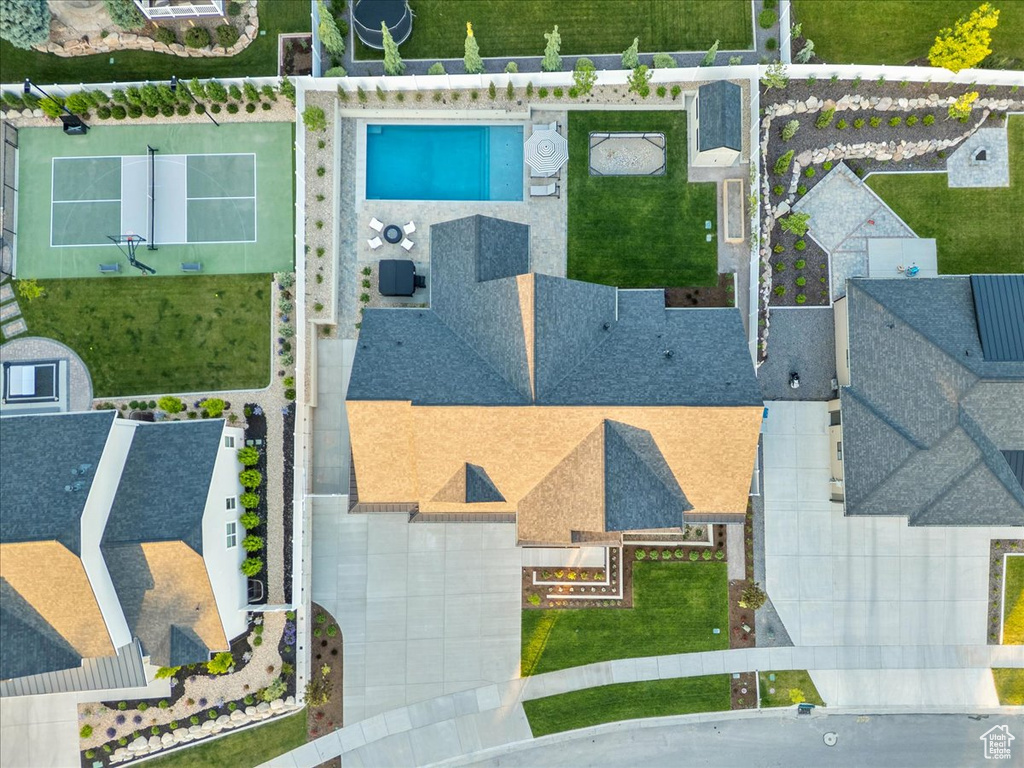 Drone / aerial view of a pool area
