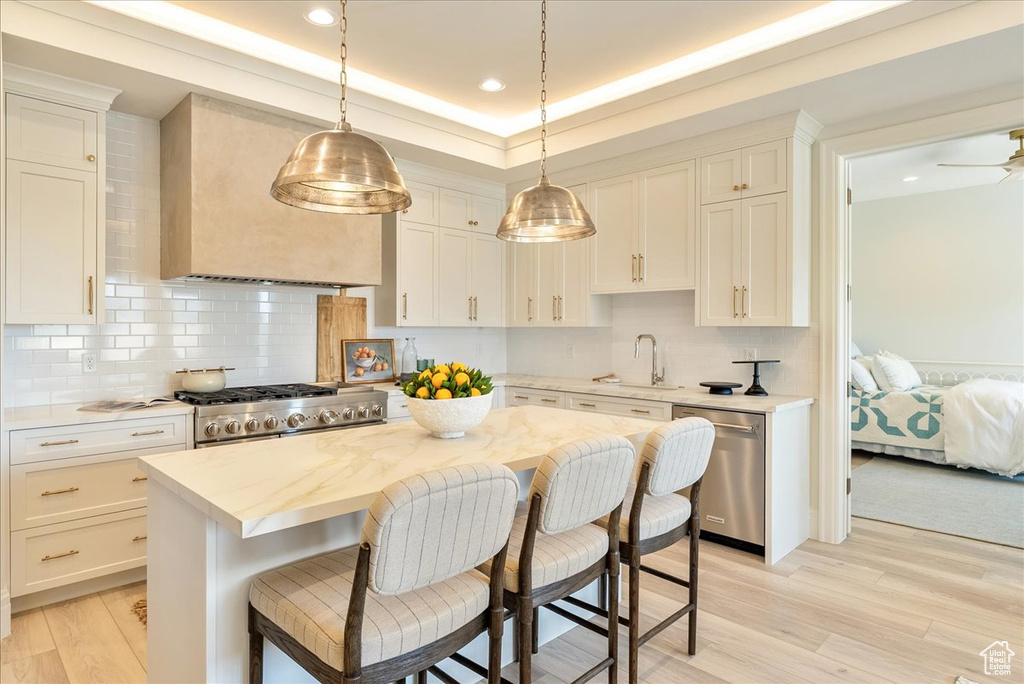 Kitchen with stainless steel dishwasher, light countertops, light wood-style floors, backsplash, and recessed lighting