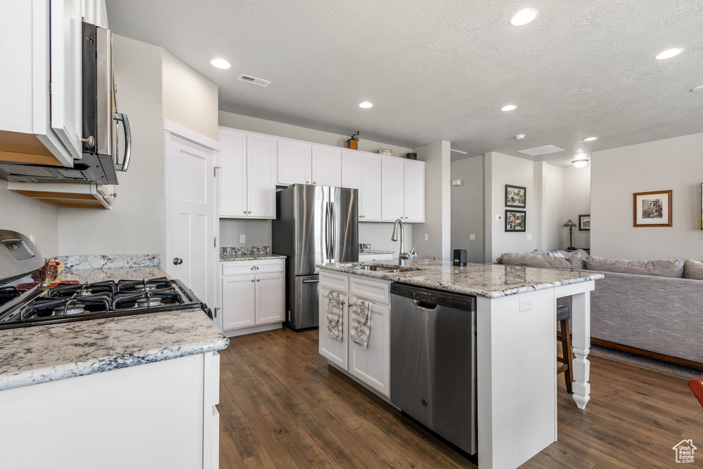 Kitchen with stainless steel appliances, a sink, open floor plan, dark wood finished floors, and white cabinetry