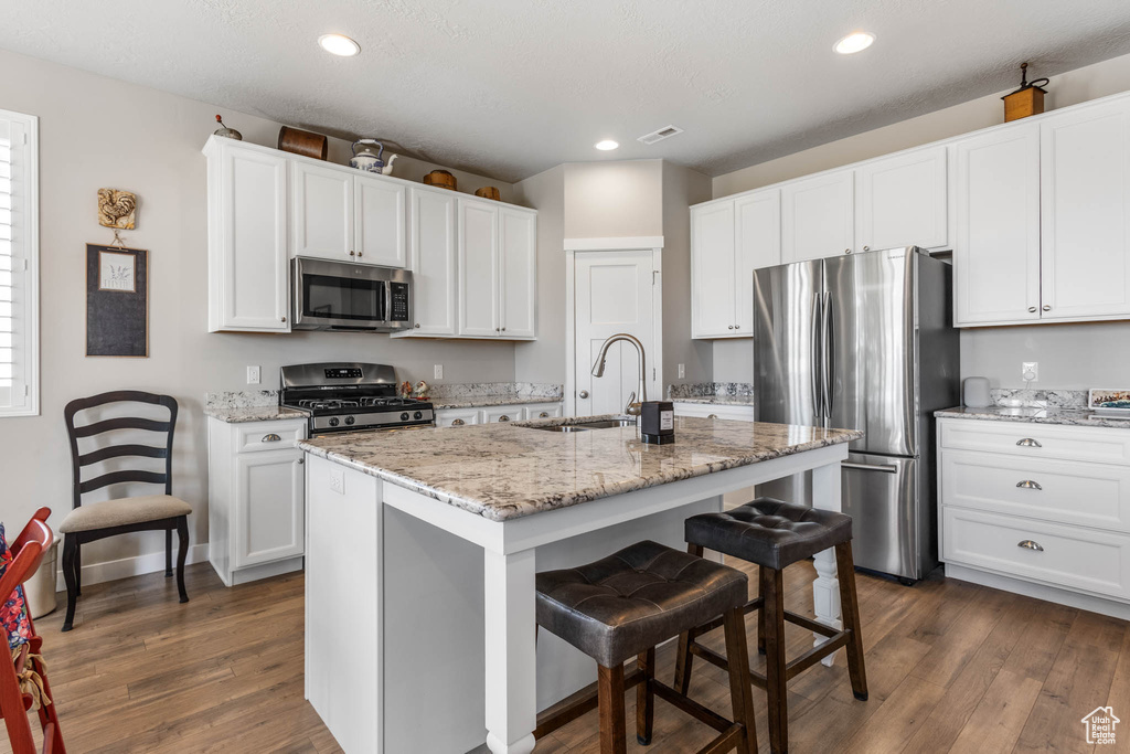 Kitchen featuring stainless steel appliances, a sink, dark wood-style flooring, a breakfast bar, and recessed lighting