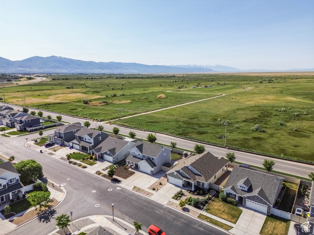Aerial perspective of suburban area featuring mountains