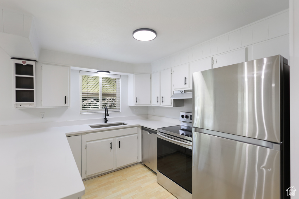 Kitchen with appliances with stainless steel finishes, a sink, under cabinet range hood, and light countertops