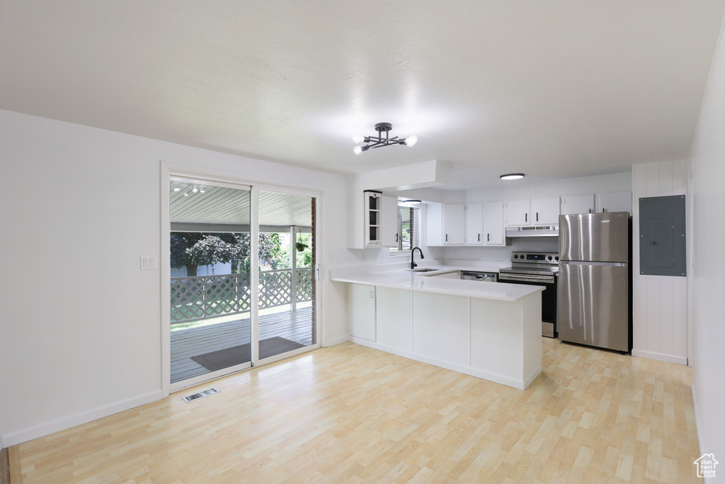 Kitchen featuring stainless steel appliances, electric panel, a peninsula, light wood finished floors, and light countertops