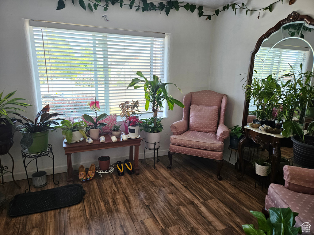 Living area featuring wood finished floors, plenty of natural light, and baseboards