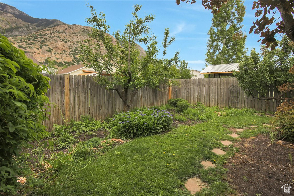Fenced backyard with a mountain view
