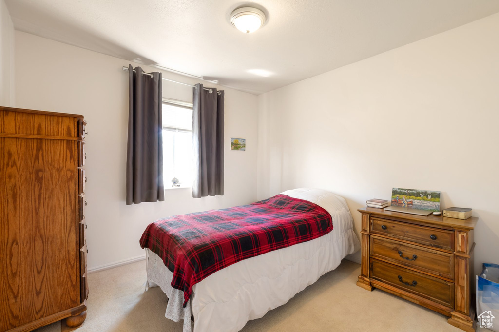 Bedroom with light carpet