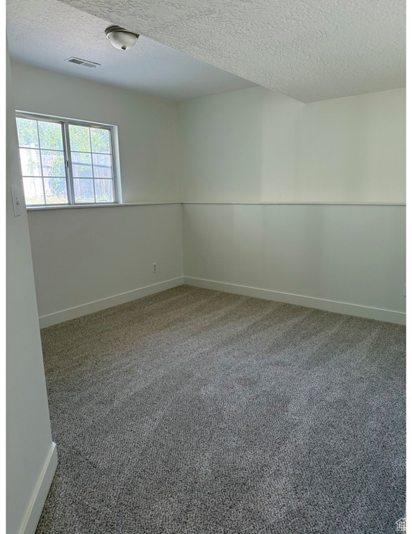 Spare room with a textured ceiling, carpet floors, and baseboards