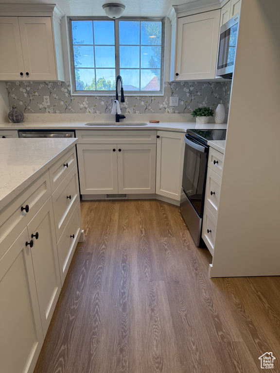 Kitchen with stainless steel appliances, a sink, wood finished floors, decorative backsplash, and white cabinets