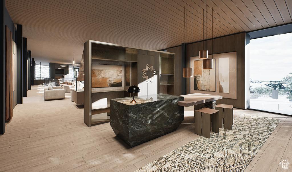 Living room featuring light wood-style flooring, plenty of natural light, a wall of windows, and wood ceiling