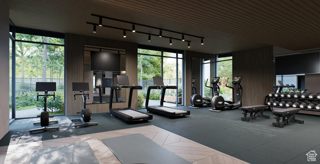 Gym with floor to ceiling windows, wood walls, and plenty of natural light