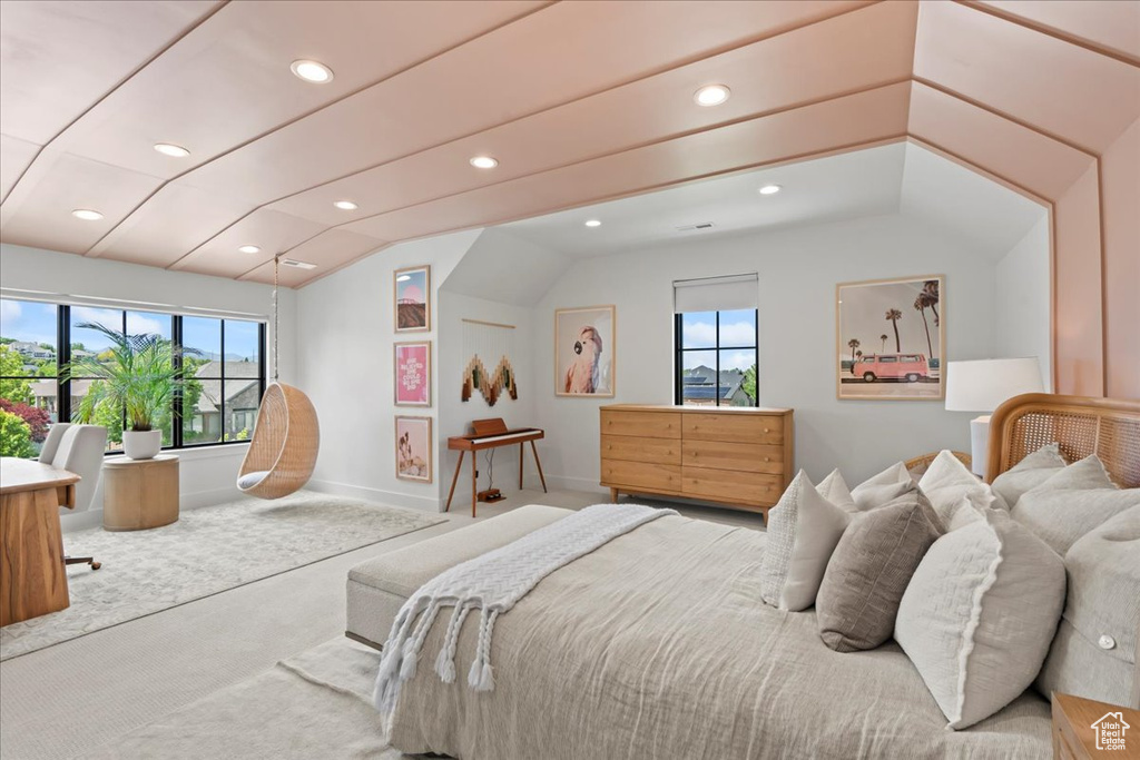 Bedroom featuring vaulted ceiling, carpet flooring, recessed lighting, and baseboards