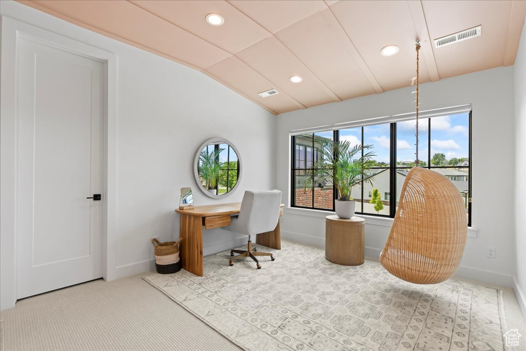 Office featuring lofted ceiling, baseboards, recessed lighting, and carpet