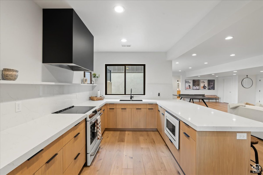 Kitchen featuring open shelves, electric stove, modern cabinets, built in microwave, and light brown cabinets