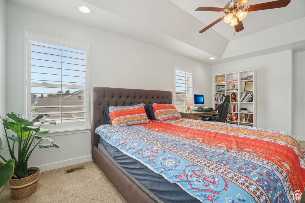 Bedroom featuring carpet flooring, recessed lighting, baseboards, and a ceiling fan