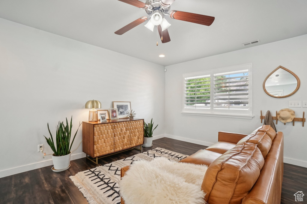 Office with a ceiling fan, baseboards, wood finished floors, and recessed lighting