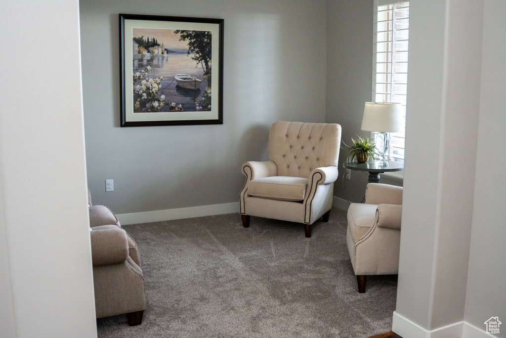 Sitting room featuring carpet flooring and baseboards