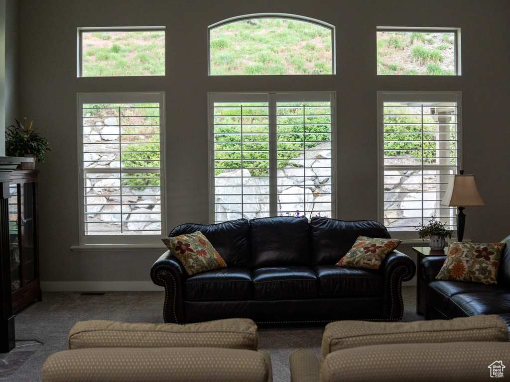 Carpeted living area featuring baseboards