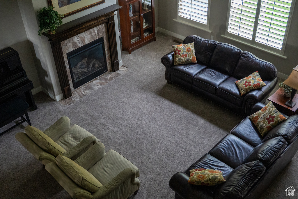 Living area featuring carpet floors, baseboards, and a high end fireplace