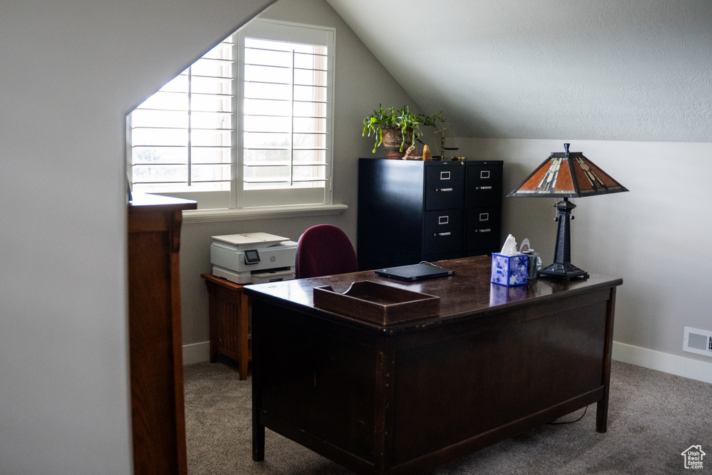 Office area with carpet floors, lofted ceiling, and baseboards