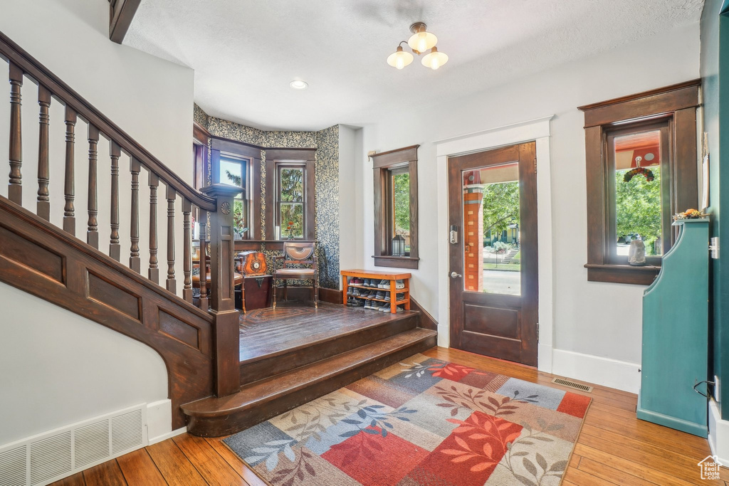 Entryway with hardwood / wood-style flooring, plenty of natural light, and baseboards
