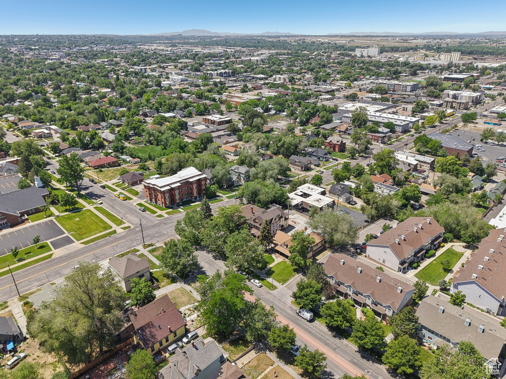 Aerial perspective of suburban area with mountains